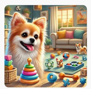 chien joyeux entouré de jouets