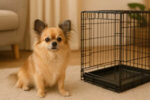 chien devant une cage ouverte