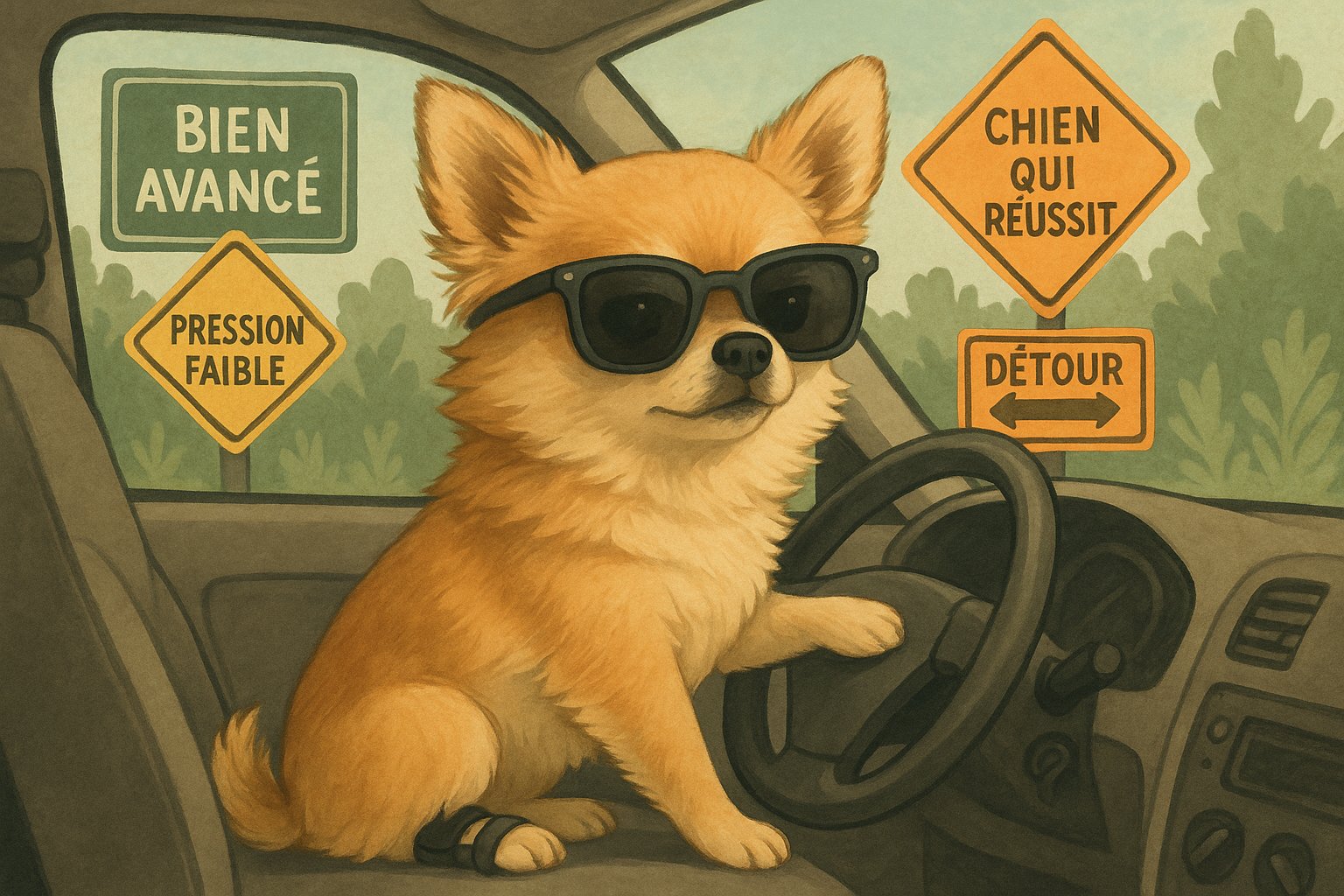 chien qui conduit une voiture